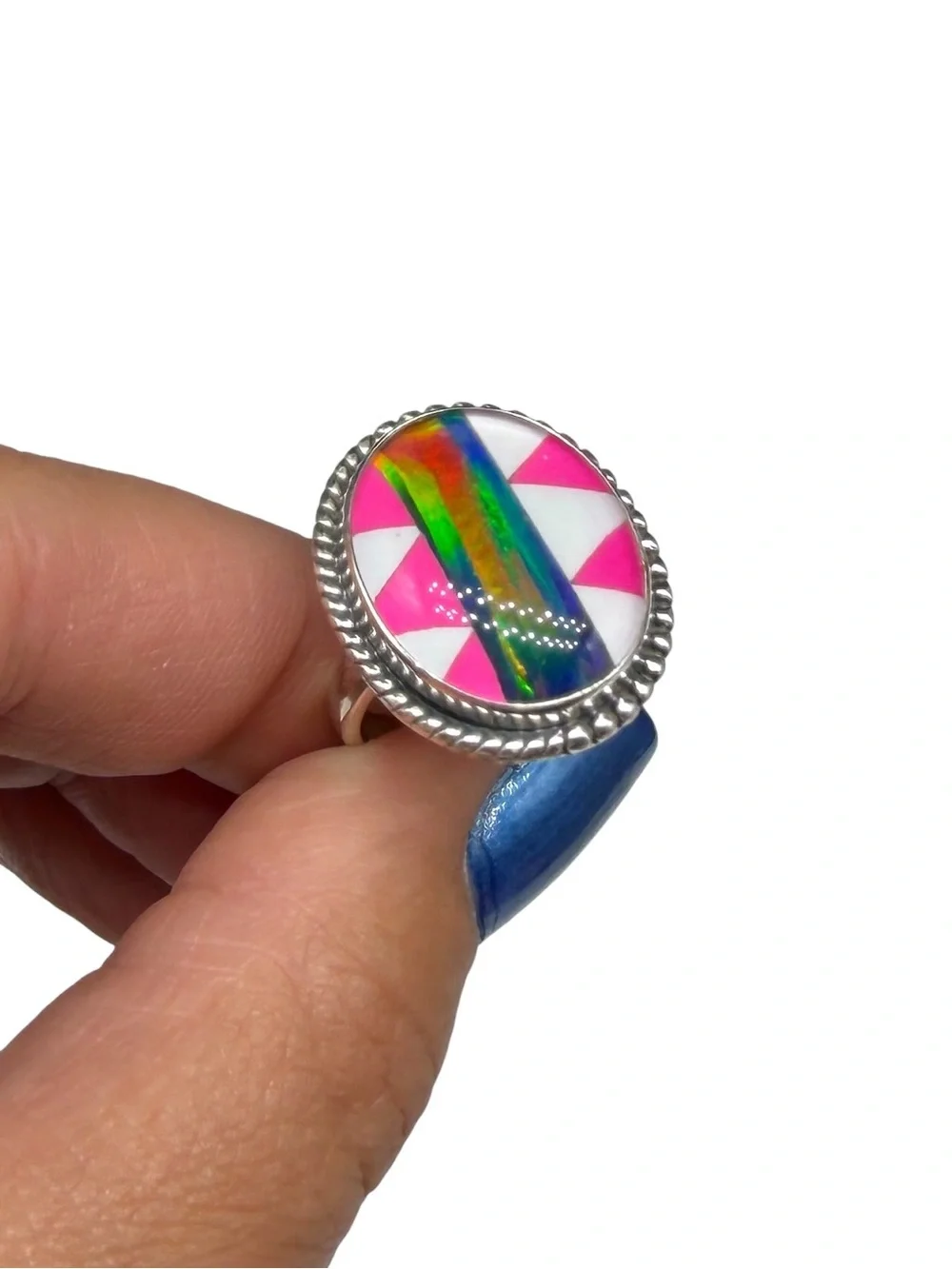 Aurora Fire Opal Stripe Ring Size 7.5 Solid 925 Sterling Silver Hot Pink White